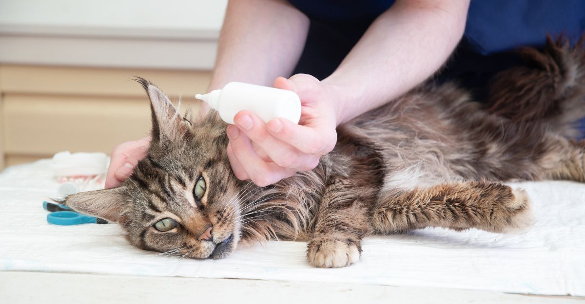 Gatto sdraiato mentre stanno per pulire le sue orecchie con un liquido