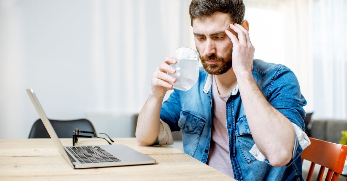 Un uomo beve da un bicchiere