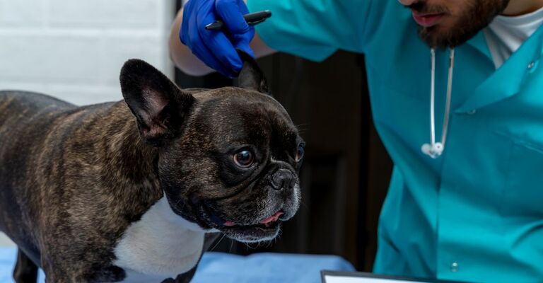 Veterinario visita il cane alle orecchie