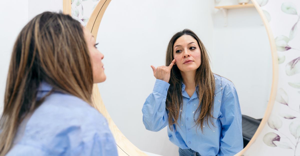 Melasma ragazza si guarda allo specchio
