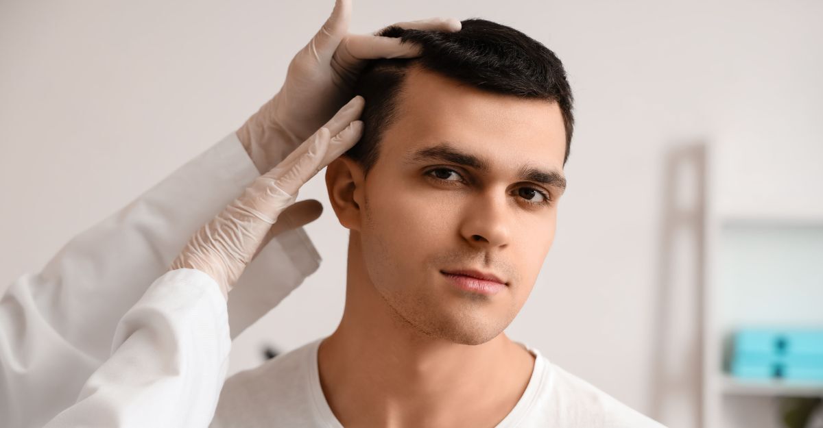 Un dermatologo esamina il cuoio capelluto di un paziente