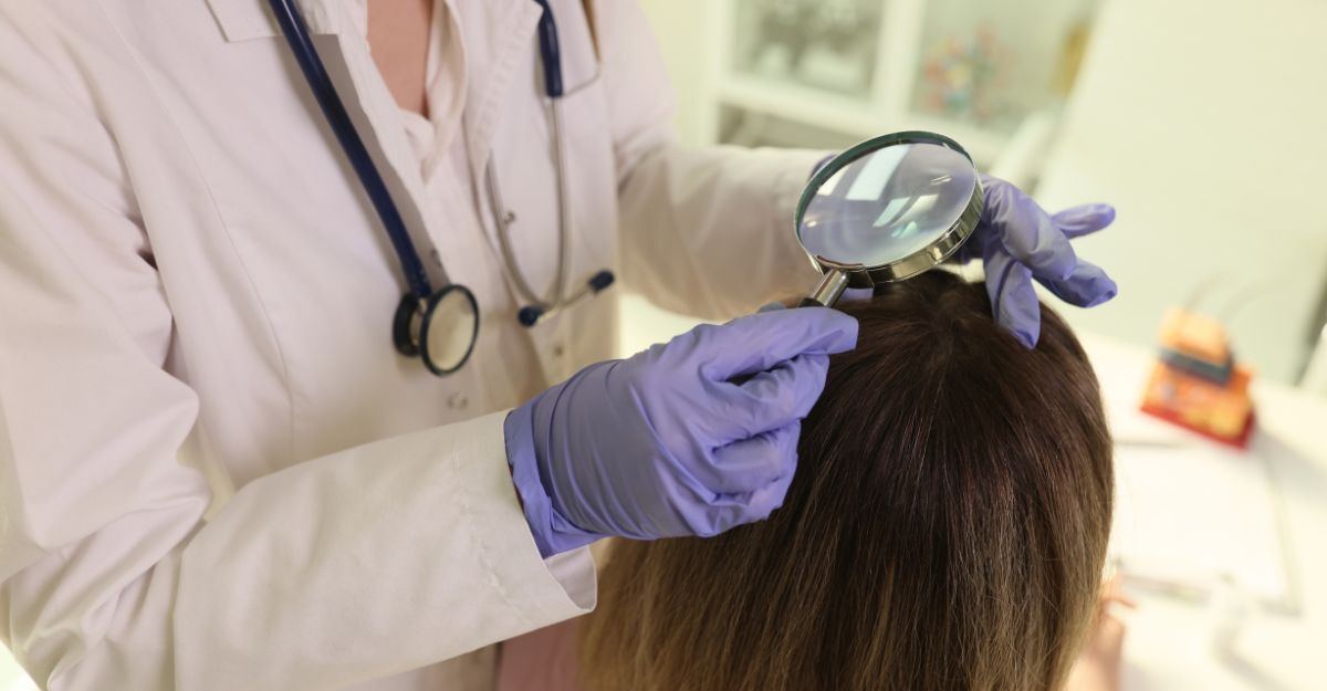 Un dermatologo esamina il cuoio capelluto di un paziente