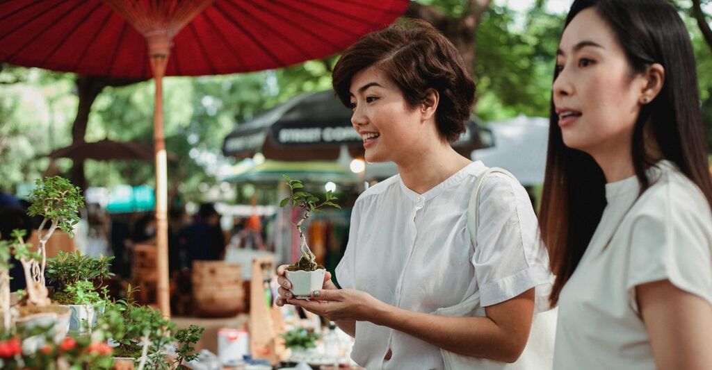 Ragazza che compra una piantina al mercato