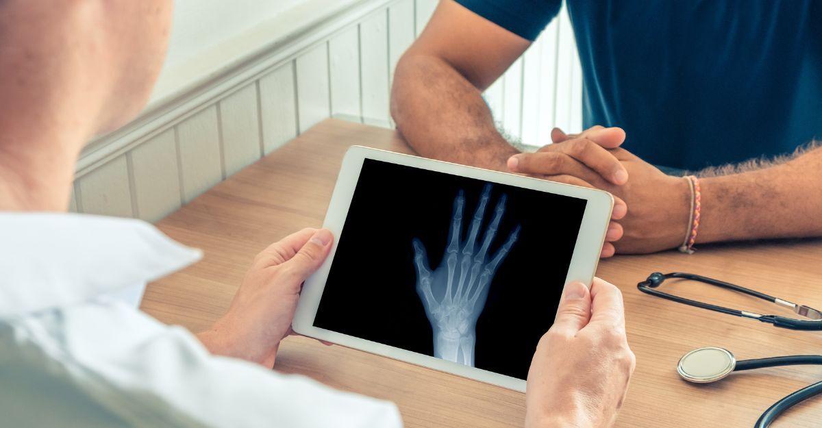 medico mostra radiografia mano a paziente