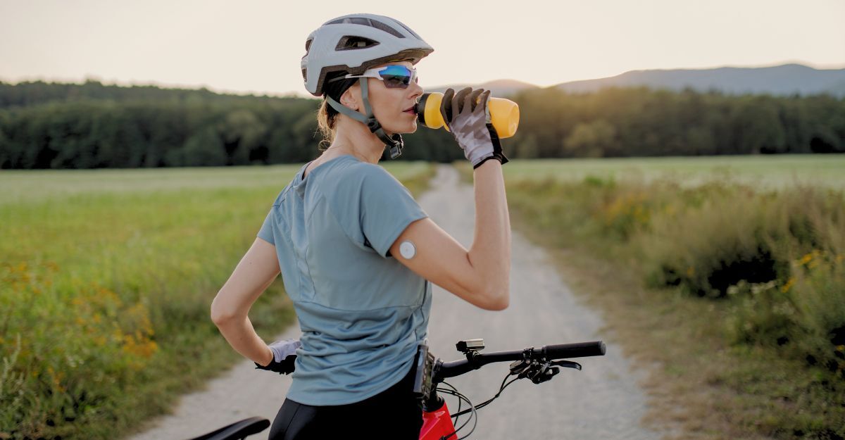 Ragazza che pratica sport in mountain bike che ha un dispositivo per diabetici