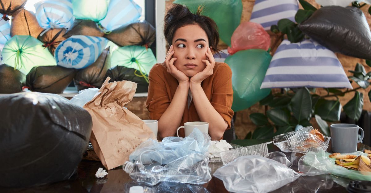 Donna nel mezzo di oggetti