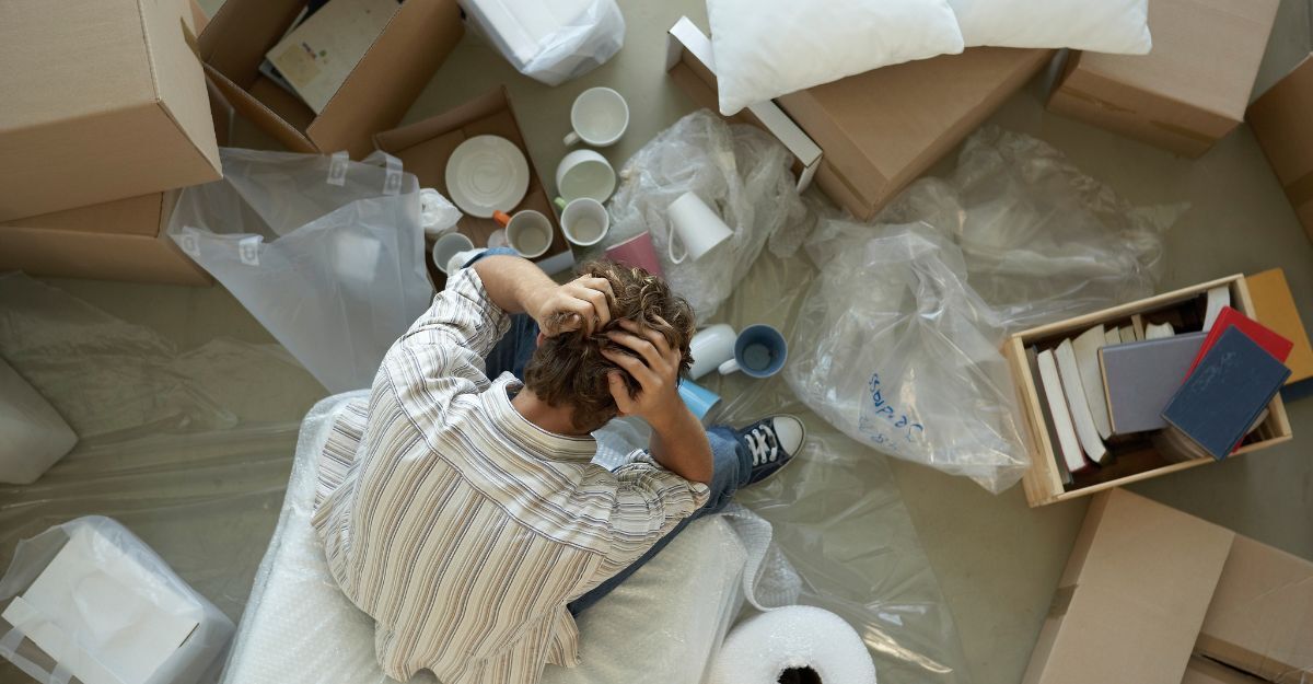 Un uomo in mezzo ad una stanza in disordine