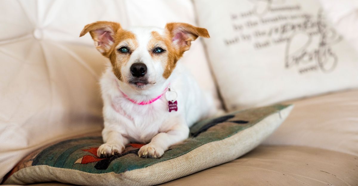 Jack Russel seduto su un cuscino sul divano con cataratta