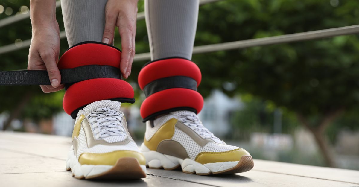 Una ragazza con dei pesi alle caviglie mentre si allena