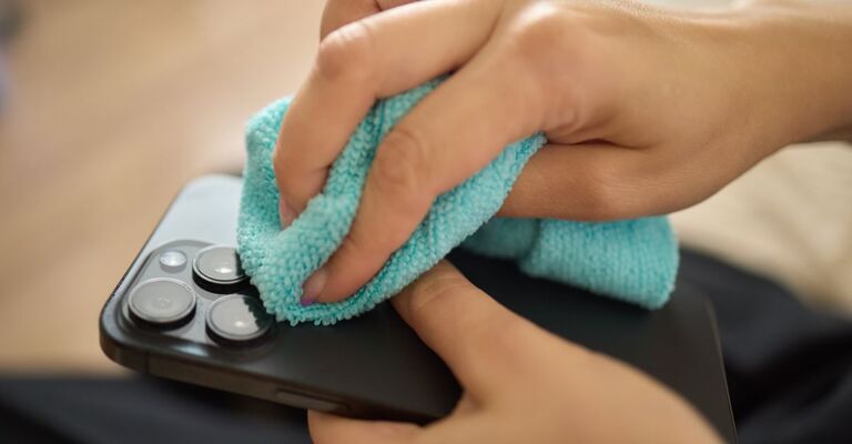 persona pulisce telefono con panno in miscrofibra