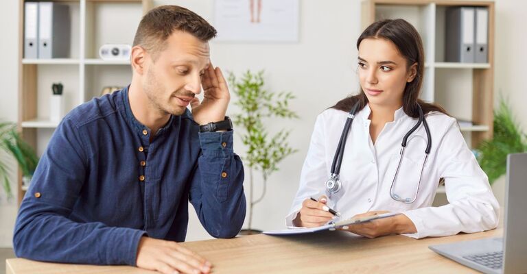 Dottoressa con paziente uomo mentre discutono i risultati delle analisi