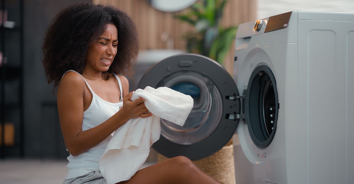 Donna ha in mano degli asciugamani appena tirati fuori dalla lavatrice che puzzano