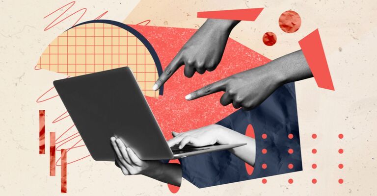 Illustrazione in cui della mani in bianco e nero indicano un PC circondate da pattern colorati