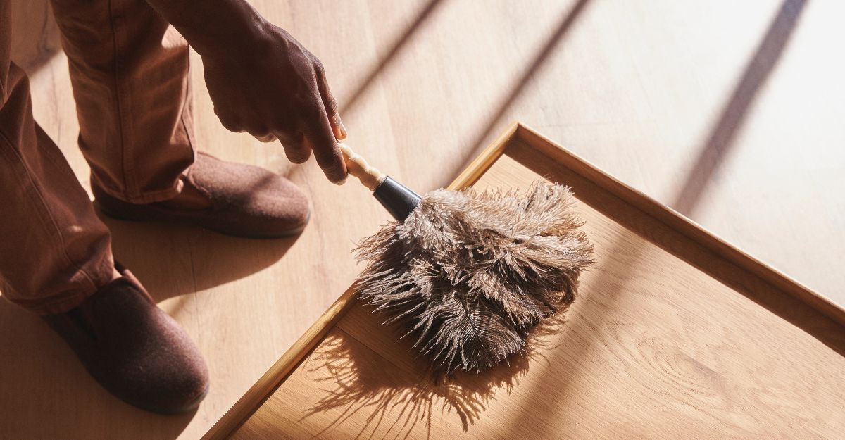 Una persona che pulisce la polvere in terra