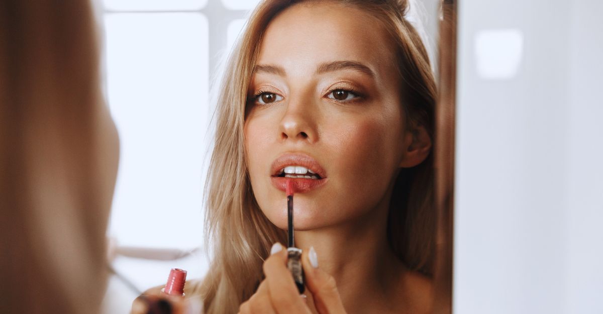 Ragazza che applica un prodotto labbra allo specchio sulle labbra carnose