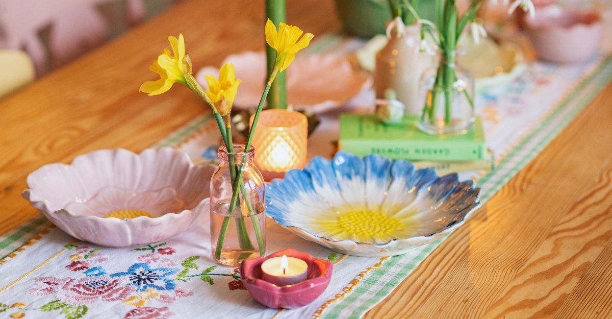 Tavolata decorata a tema primaverile con fiori, piattini e candele colorati