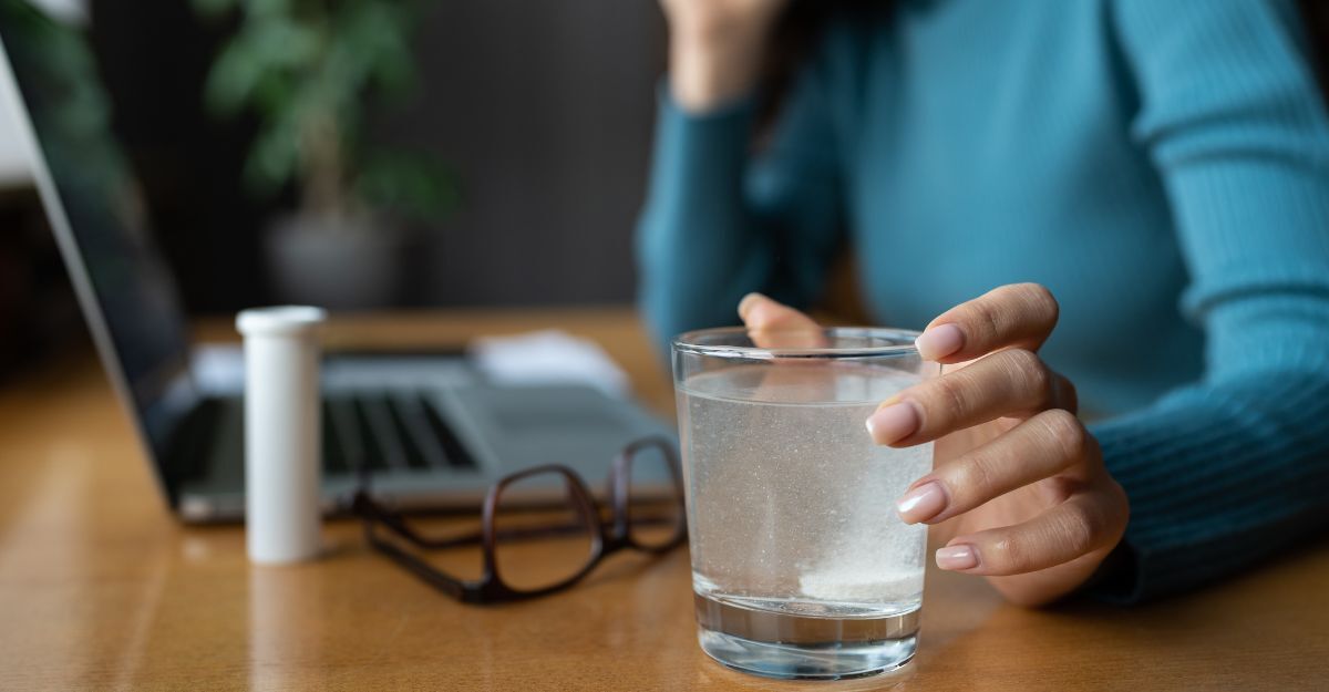 Un ragazza seduta alla scrivania con in mano un bicchiere d'acqua con dentro una medicina