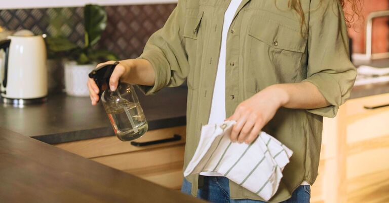 Ragazza con spruzzino in una mano e canovaccio nell'altra che sta pulendo un ripiano