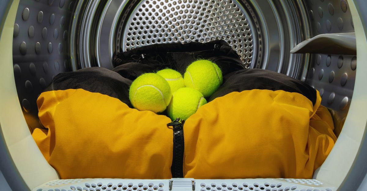 Giaccone in lavatrice con sopra delle palline da tennis