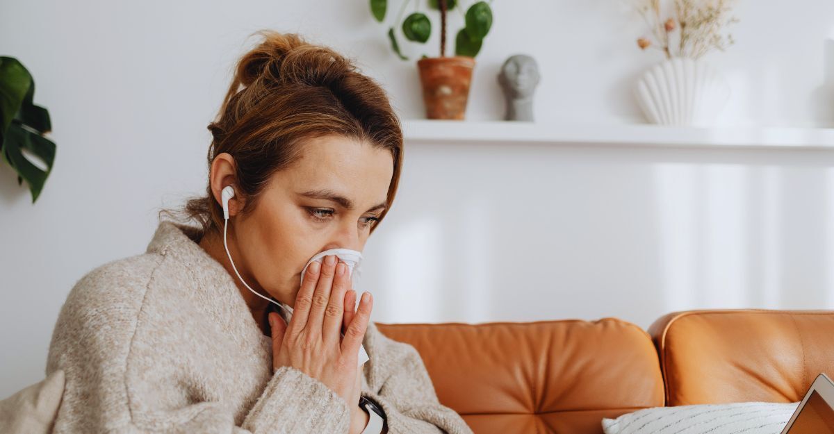 Una ragazza che si soffia il naso