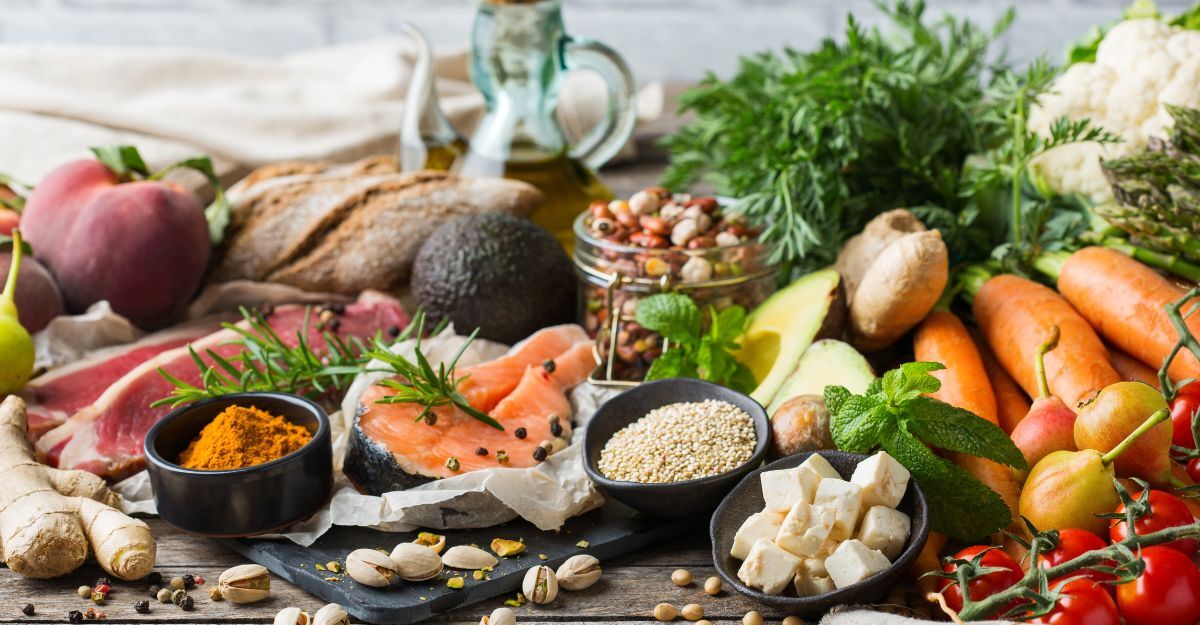 Alimenti tipici della dieta mediterranea disposti su un tavolo: salmone, legumi, pane integrale, verdure fresche, frutta, olio d'oliva, spezie e formaggio feta.