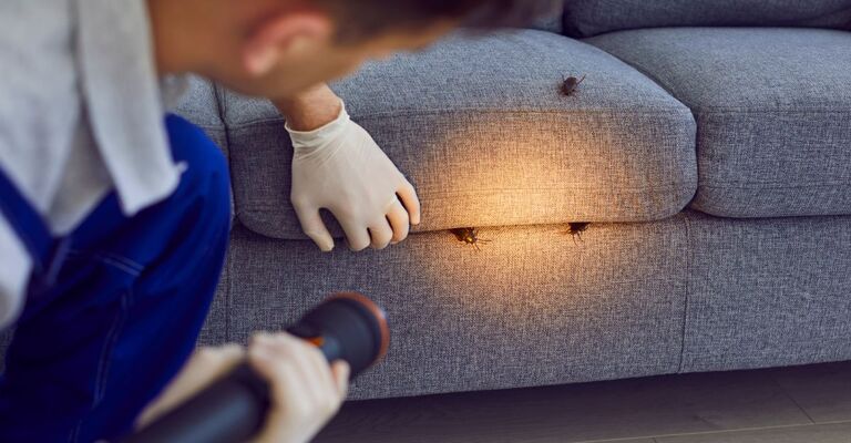 Un uomo cerca le blatte in mezzo al divano