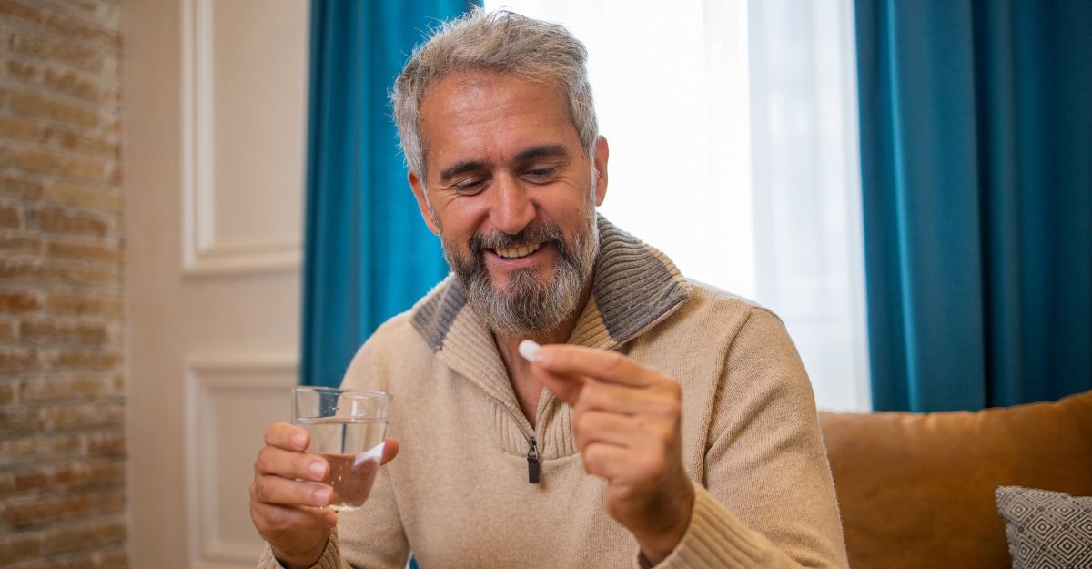 Un uomo intento a prendere una pastiglia