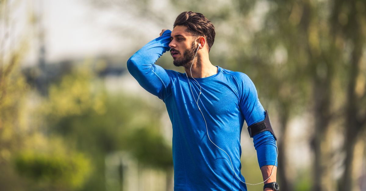 Una ragazza che si asciuga il sudore mentre fa jogging