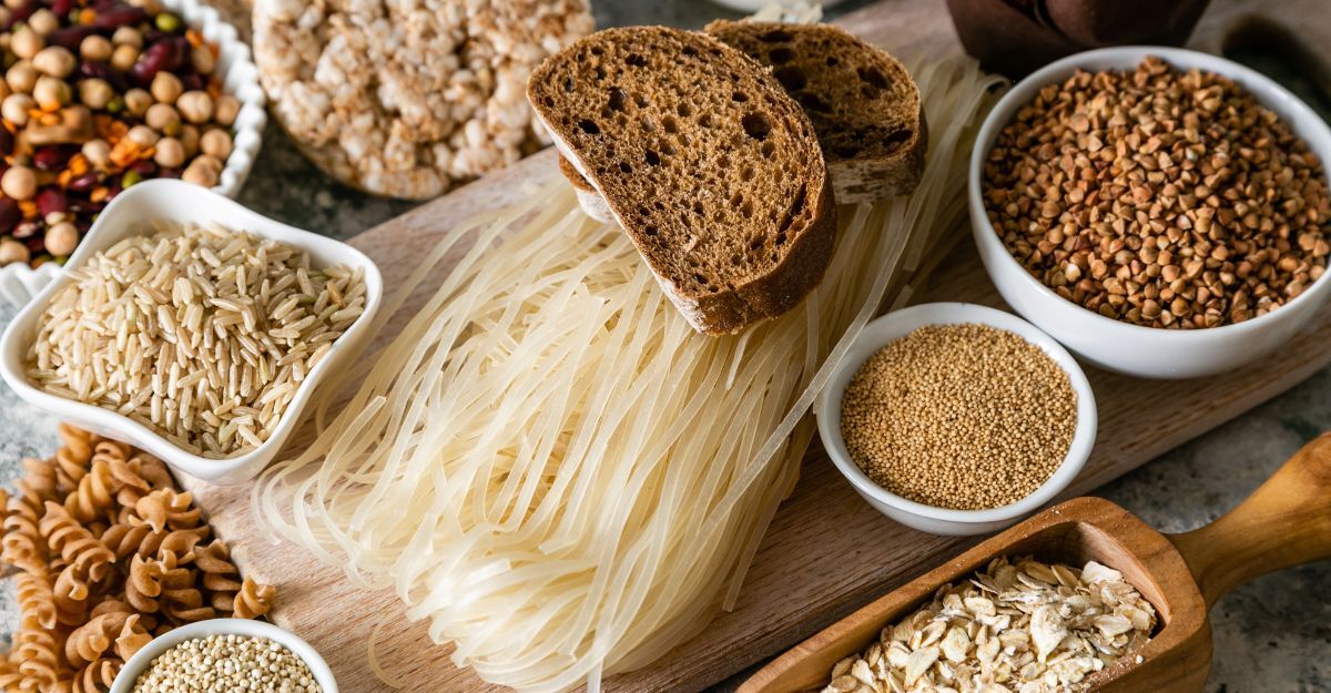 Assortimento di alimenti senza glutine su un tagliere, tra cui pane integrale, pasta di riso, riso integrale, grano saraceno, amaranto, avena e legumi secchi.