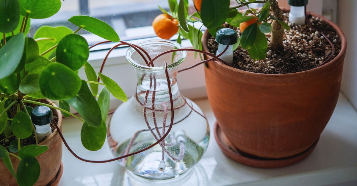 Vasi che vengono irrigati con un dispositivo nel terriccio