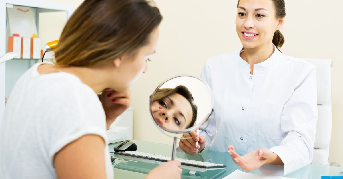 Una donna in una sala medica si osserva allo specchio