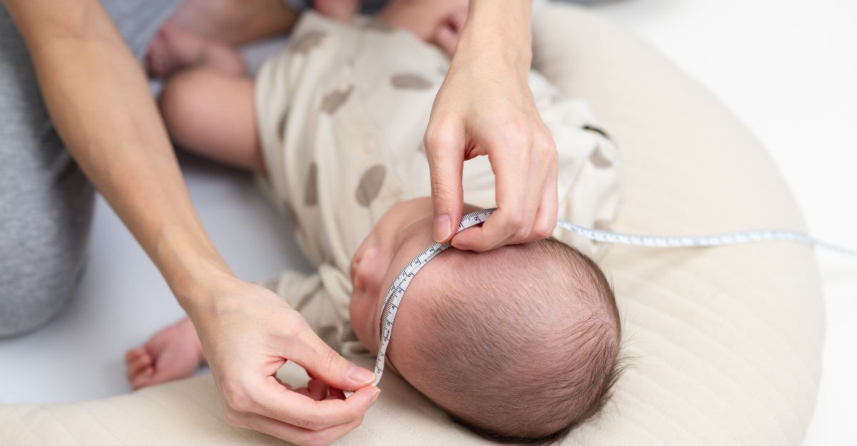 Un bambino neonato a cui viene misurata la testa.