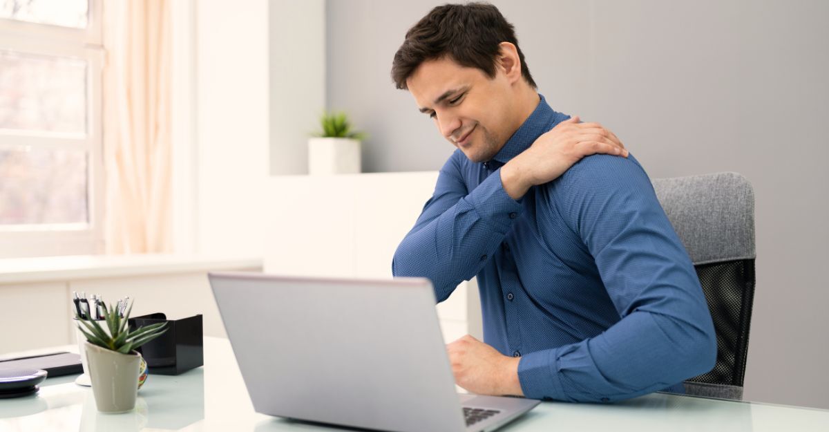 Uomo seduto alla scrivania con espressione di dolore mentre si tiene la spalla sinistra, possibile infiammazione alla cuffia dei rotatori.