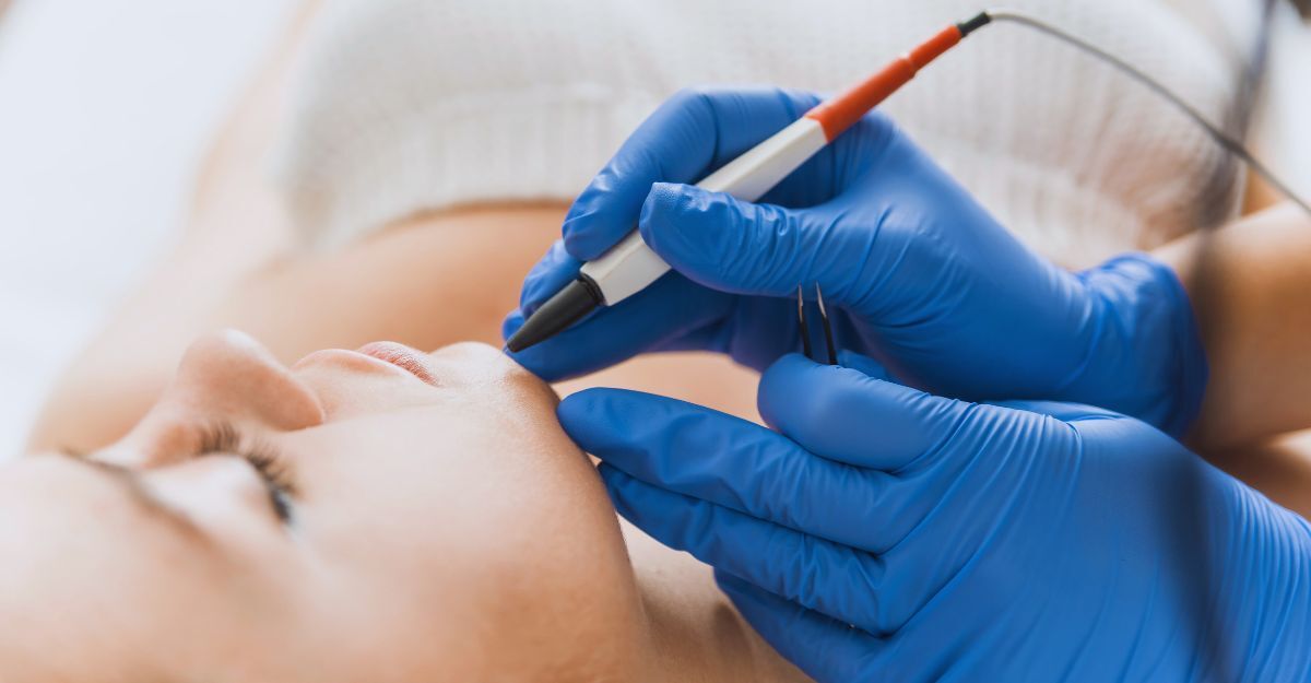 Primo piano su un'operatrice che effettua la procedura di elettrolisi sul viso