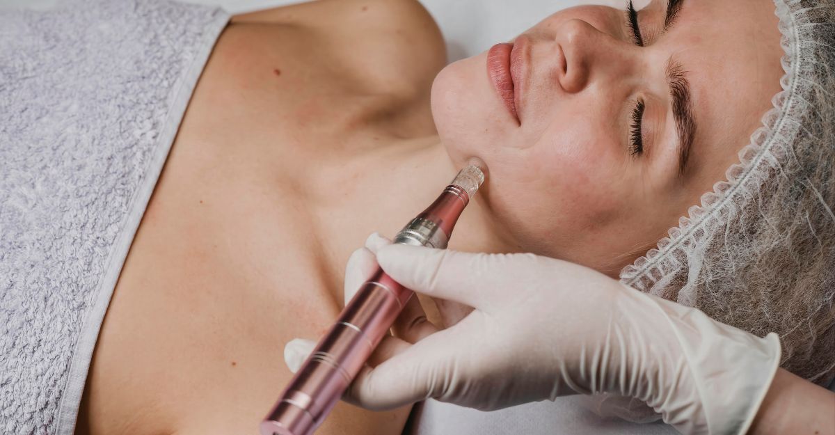 Trattamento di microneedling al viso con penna dermica eseguito da un professionista, donna sdraiata e rilassata durante la seduta estetica.