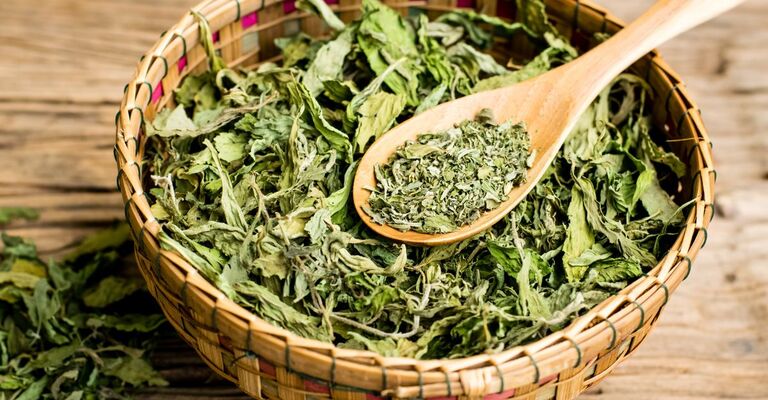 Delle foglie essiccate di stevia in una bacinella di legno con un cucchiaio