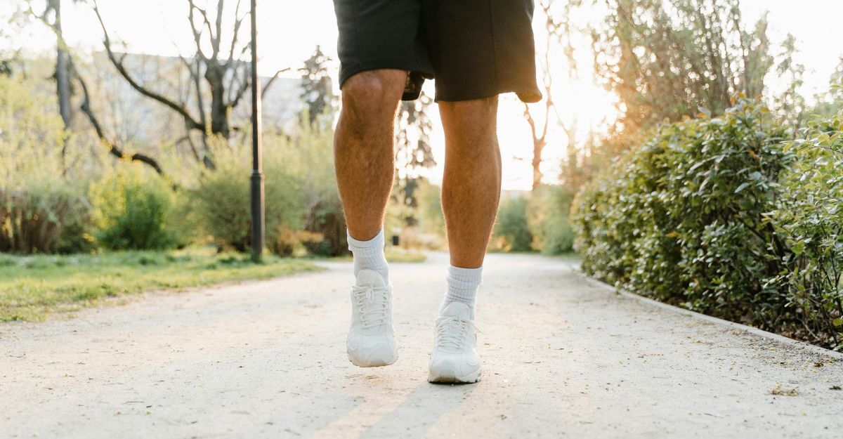 Primo piano di due gambe in pantaloncini e sneakers che camminano in un vialetto del parco