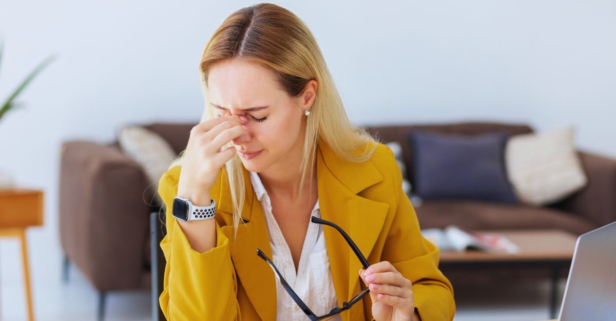 Donna seduta alla scrivania mentre usa il PC che si tiene il setto nasale con le dita a occhi chiusi mentre stringe in mano degli occhiali da vista neri