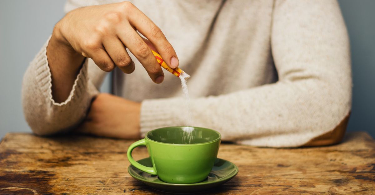 Primo piano di una mano di un uomo con un maglione bianco che versa del dolcificante in una tazzina verde