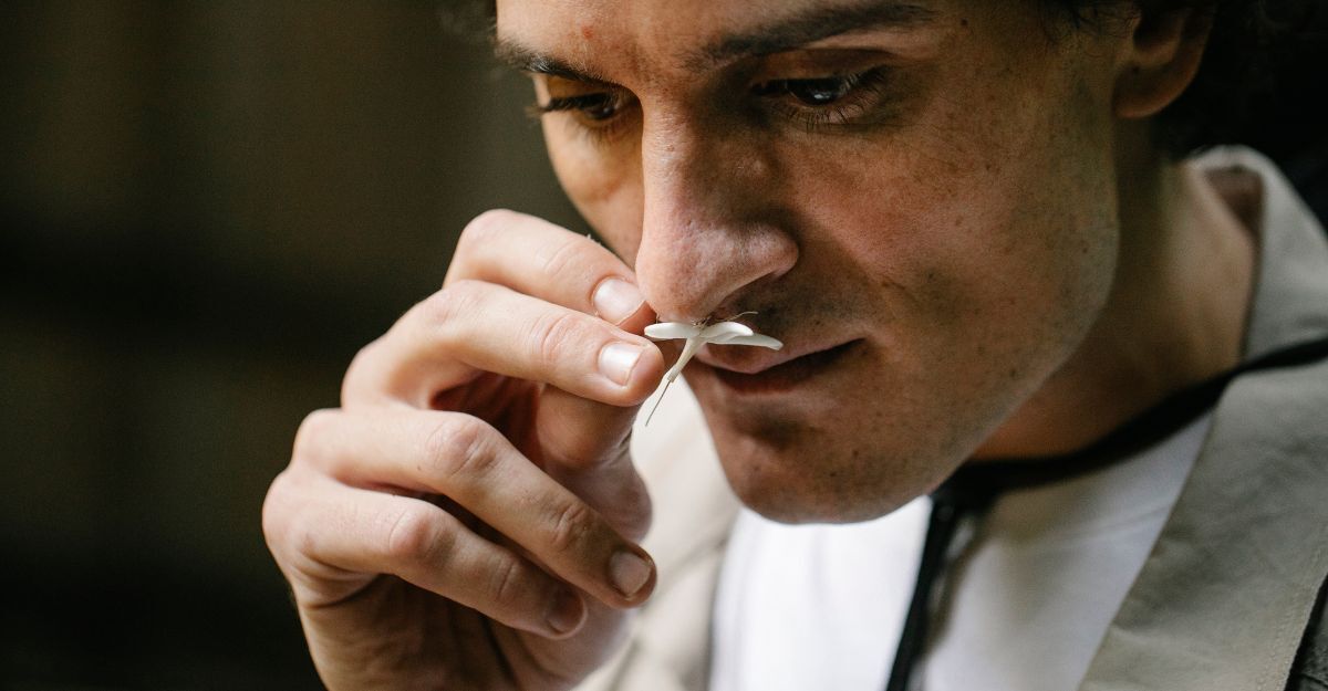 Primo piano di un uomo che tiene e annusa un piccolo fiore bianco.