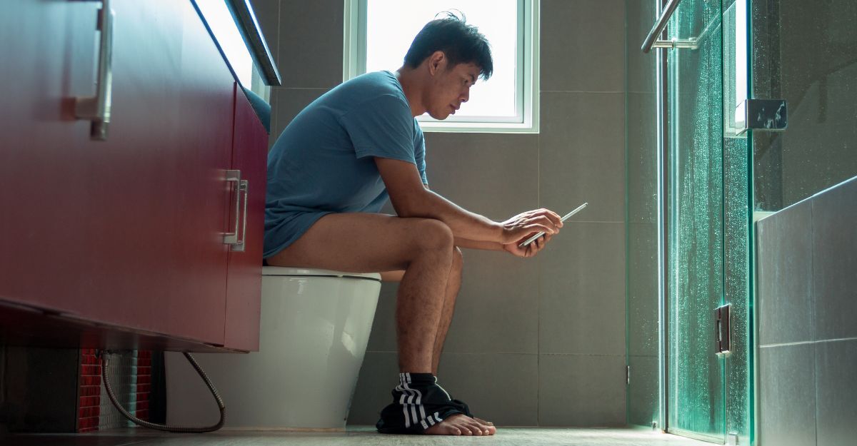 Un uomo usa il telefono mentre è seduto sul water.