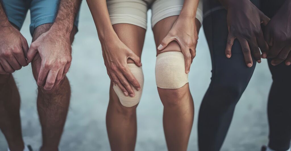 Tre persone in tenuta sportiva con una fascia al ginocchio.