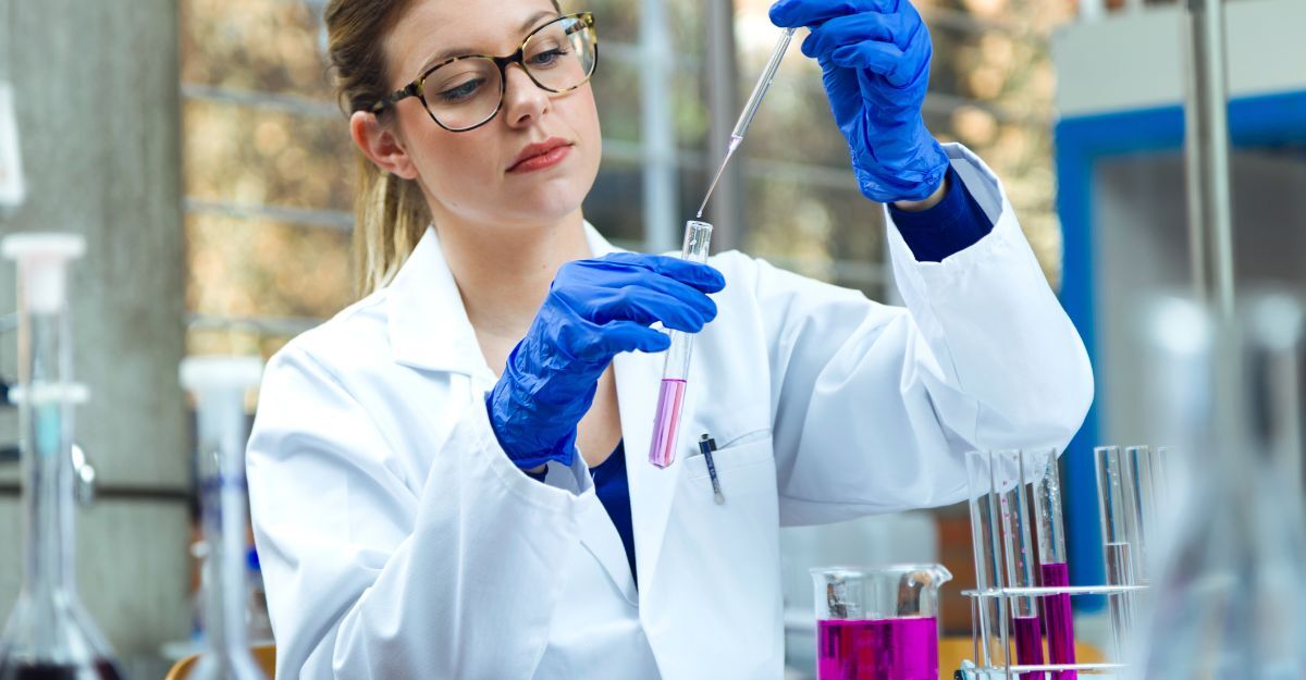 Primo piano di una scienziata in camice da laboratorio, occhiali e guanti, che tiene una provetta con liquido rosa in laboratorio.