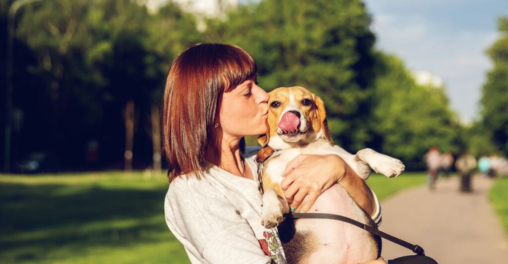 Una donna con i capelli rossi tiene in braccio un cane di razza Beagle e lo bacia sulla testa. Il cane ha la lingua di fuori e sta leccando l'aria. Si trovano in un parco verde e soleggiato.