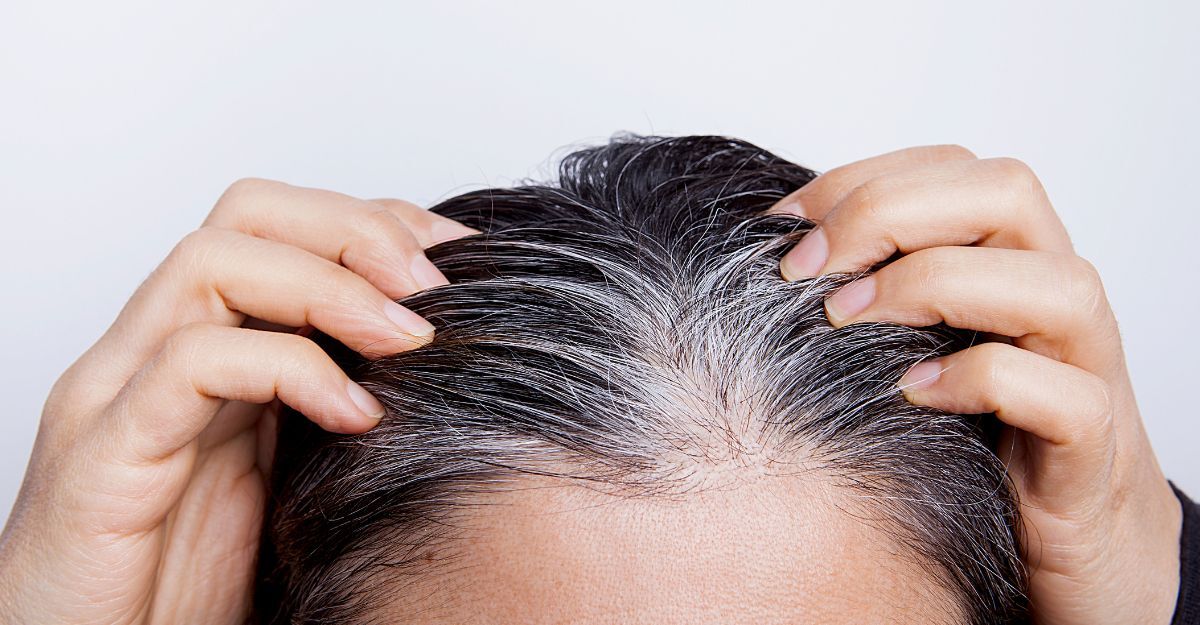 Primo piano sulle radici dei capelli scuri con una ricrescita evidente di capelli grigi e bianchi.
