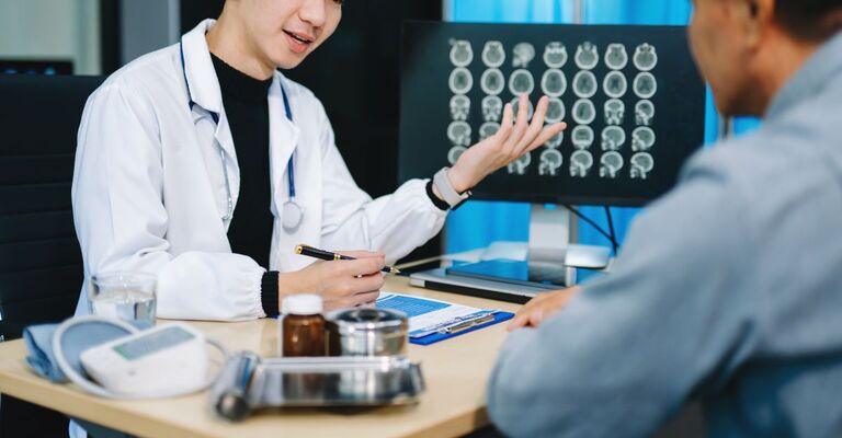 Medico che spiega al paziente i risultati della diagnostica per immagini visualizzati sul tablet. Sullo sfondo, schermi di monitor mostrano scansioni cerebrali dettagliate