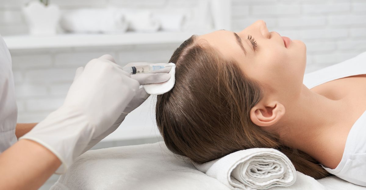 Un medico chirurgo effettua il trattamento di acido ialuronico per capelli su una ragazza.