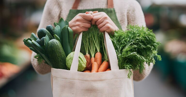 Una donna con una busta della spesa colma di cibo sano.