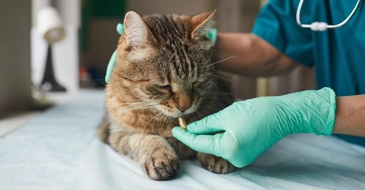 Un veterinario somministra una compressa di deltacortene a un gatto.