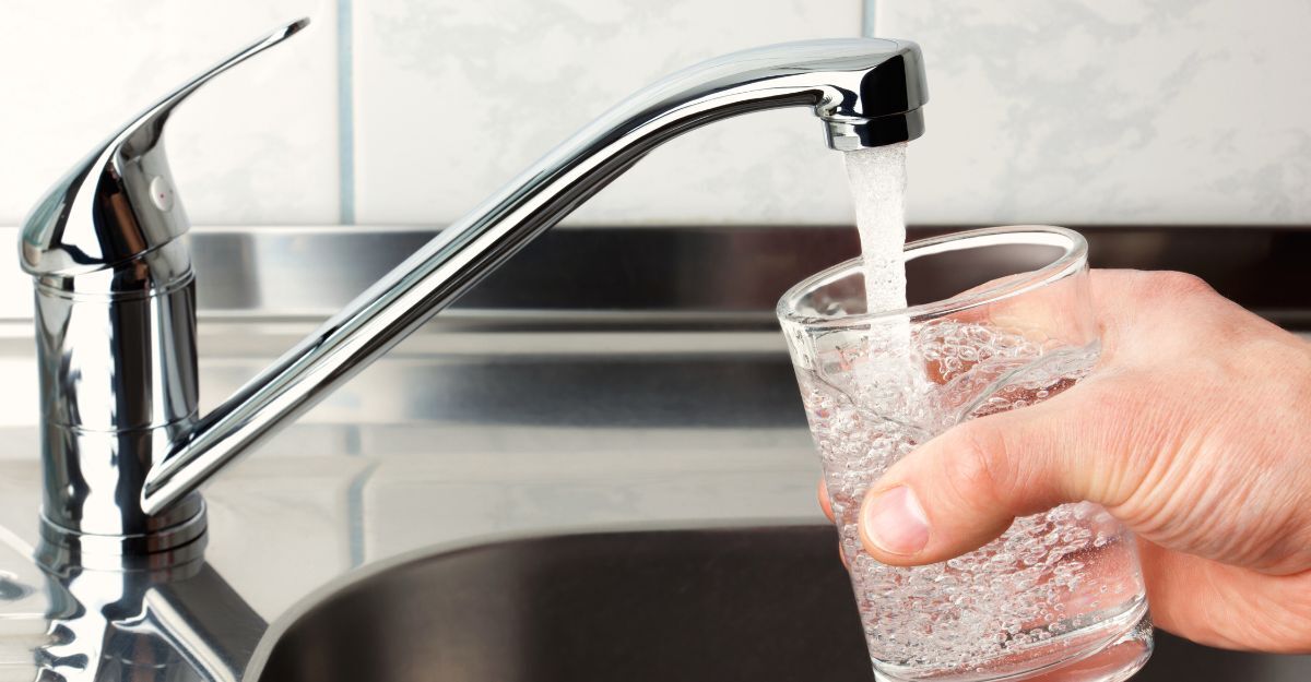 Acqua potabile potenzialmente contaminata da PFAS che esce dal rubinetto.